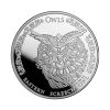 Perspectiva frontal de la cruz de la moneda de plata Búho chillón de 1oz de 2024, que muestra un dibujo de líneas gruesas del animal