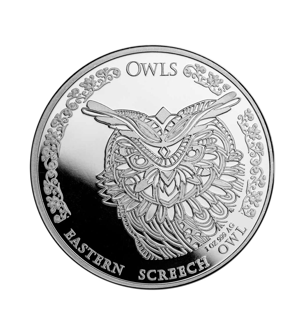 Perspectiva frontal de la cruz de la moneda de plata Búho chillón de 1oz de 2024, que muestra un dibujo de líneas gruesas del animal
