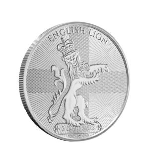 Perspectiva frontal de la cruz de la moneda de plata León de Inglaterra de 1oz de 2024, con el león coronado con la bandera de Inglaterra de fondo
