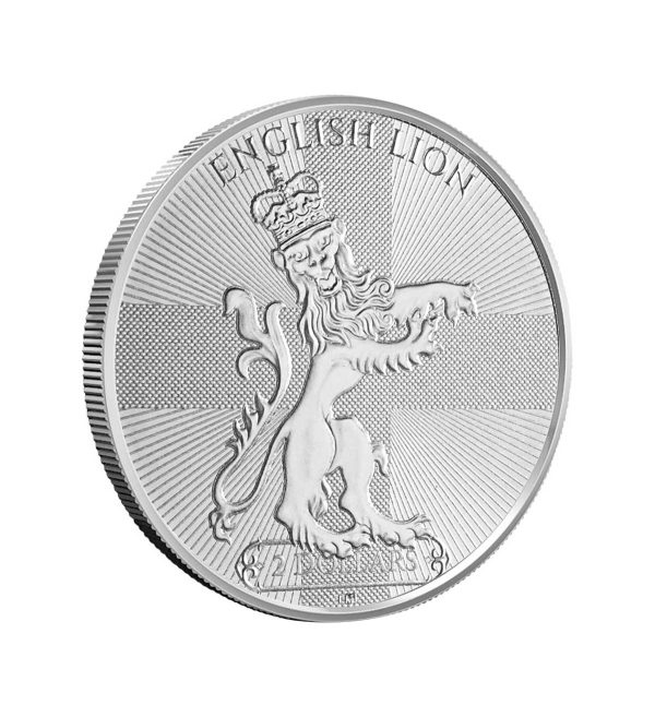 Perspectiva frontal de la cruz de la moneda de plata León de Inglaterra de 1oz de 2024, con el león coronado con la bandera de Inglaterra de fondo