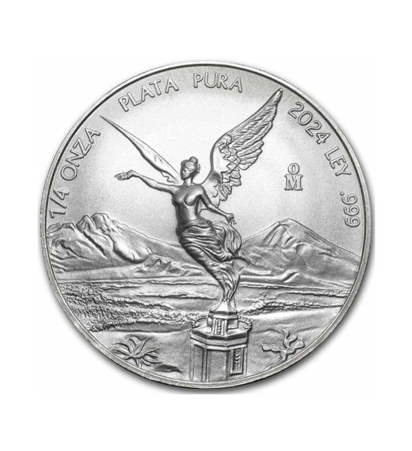 Perspectiva frontal de la cruz de la moneda de plata Libertad de México de 1/4oz de 2024, con el ángel de la libertad agarrando una corona y unas cadenas