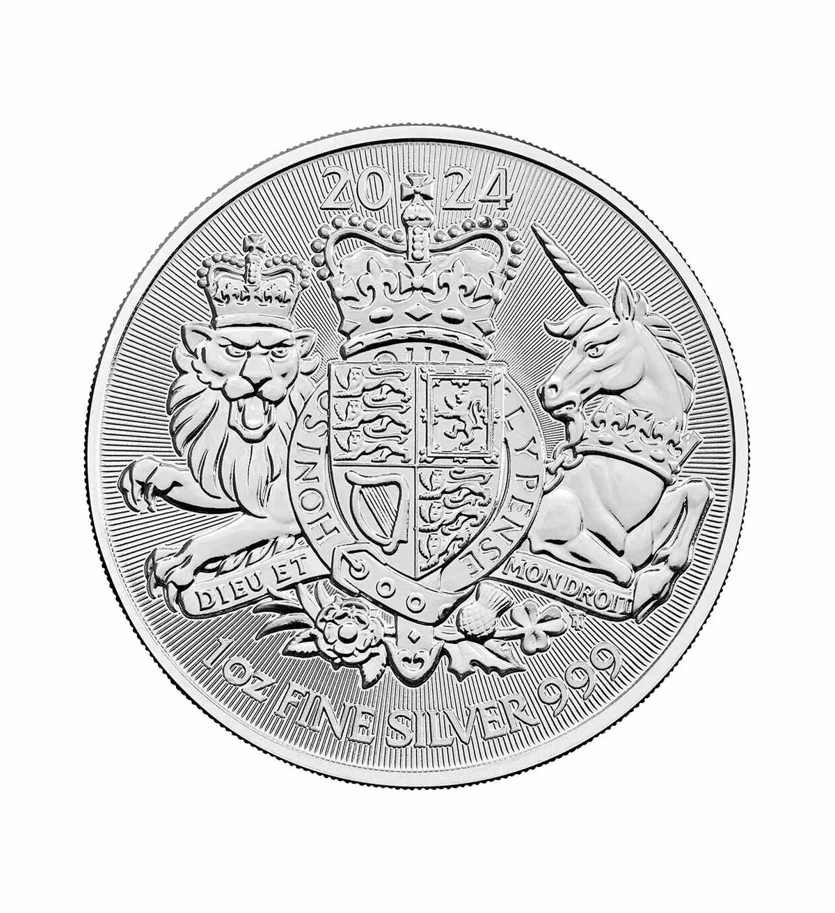 Perspectiva frontal de la cruz de la moneda de plata Royal Arms, que muestra el escudo de armas del país británico
