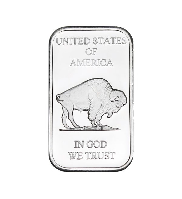 Perspectiva frontal del reverso del lingote de plata American Búfalo de 1oz de 2024, con el diseño del animal de lado comiendo pasto