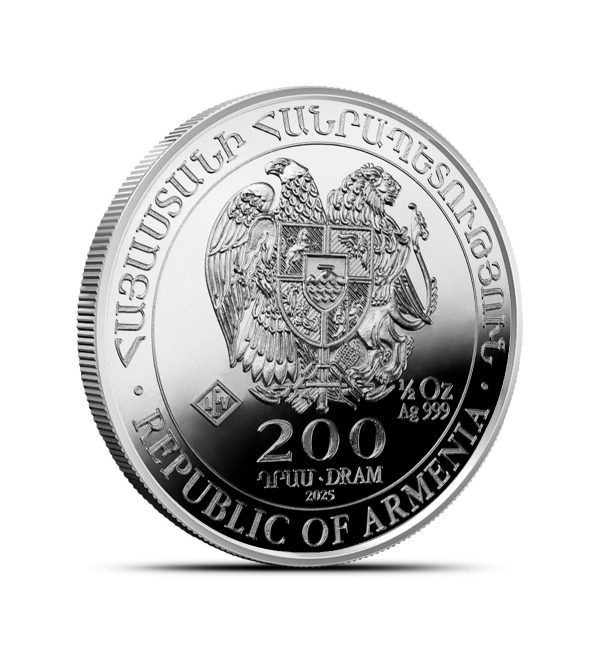 cara-moneda-arca-noe-plata-1_2-oz-2025 Perspectiva frontal de la cara de la moneda de plata Arca de Noé de 1/2oz de 2025, con el escudo de armas de Armenia y el valor nominal de la moneda