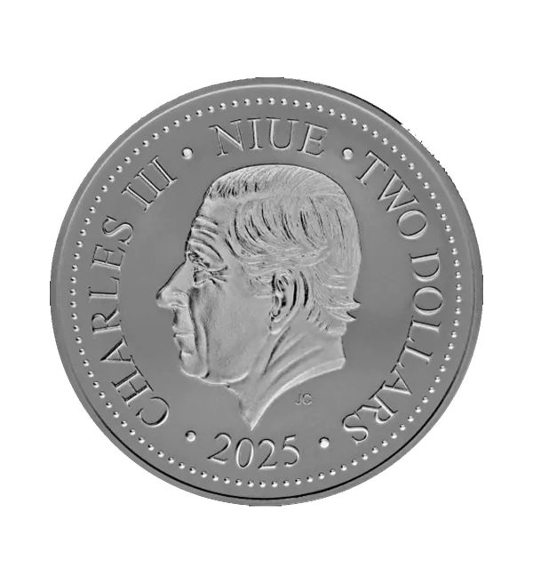 Perspectiva frontal de la cara de la moneda de plata Fénix de 1oz de 2025, con el rostro del monarca Carlos III