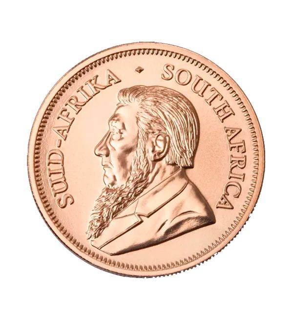 Perspectiva frontal de la cara de la moneda de oro Krugerrand de 1oz de 2025, que muestra el rostro del presidente Paul Kruger