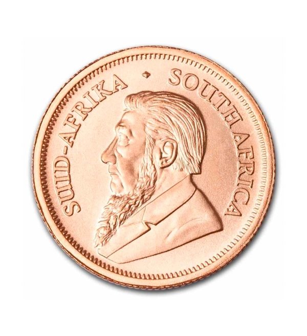 Perspectiva frontal de la cara de la moneda de oro Krugerrand de 1/10oz de 2025, que muestra el rostro del presidente Paul Kruger