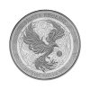 Perspectiva frontal de la cruz de la moneda de plata Fénix de 1oz de 2025, que muestra al ave batiendo las alas