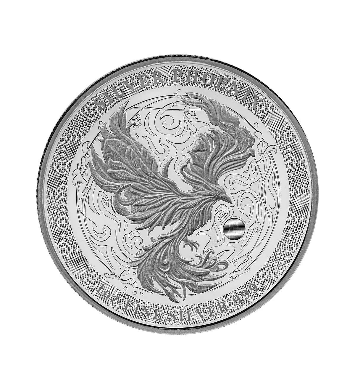 Perspectiva frontal de la cruz de la moneda de plata Fénix de 1oz de 2025, que muestra al ave batiendo las alas