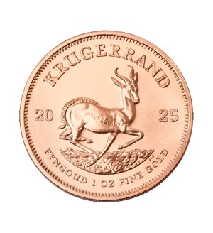 Perspectiva frontal de la moneda de oro Krugerrand de 1oz de 2025, con el diseño del Antílope y el año de emisión