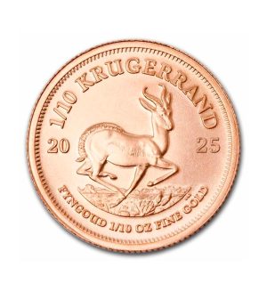 Perspectiva frontal de la cruz de la moneda de oro Krugerrand de 1/10oz de 2025, con la imagen del antílope