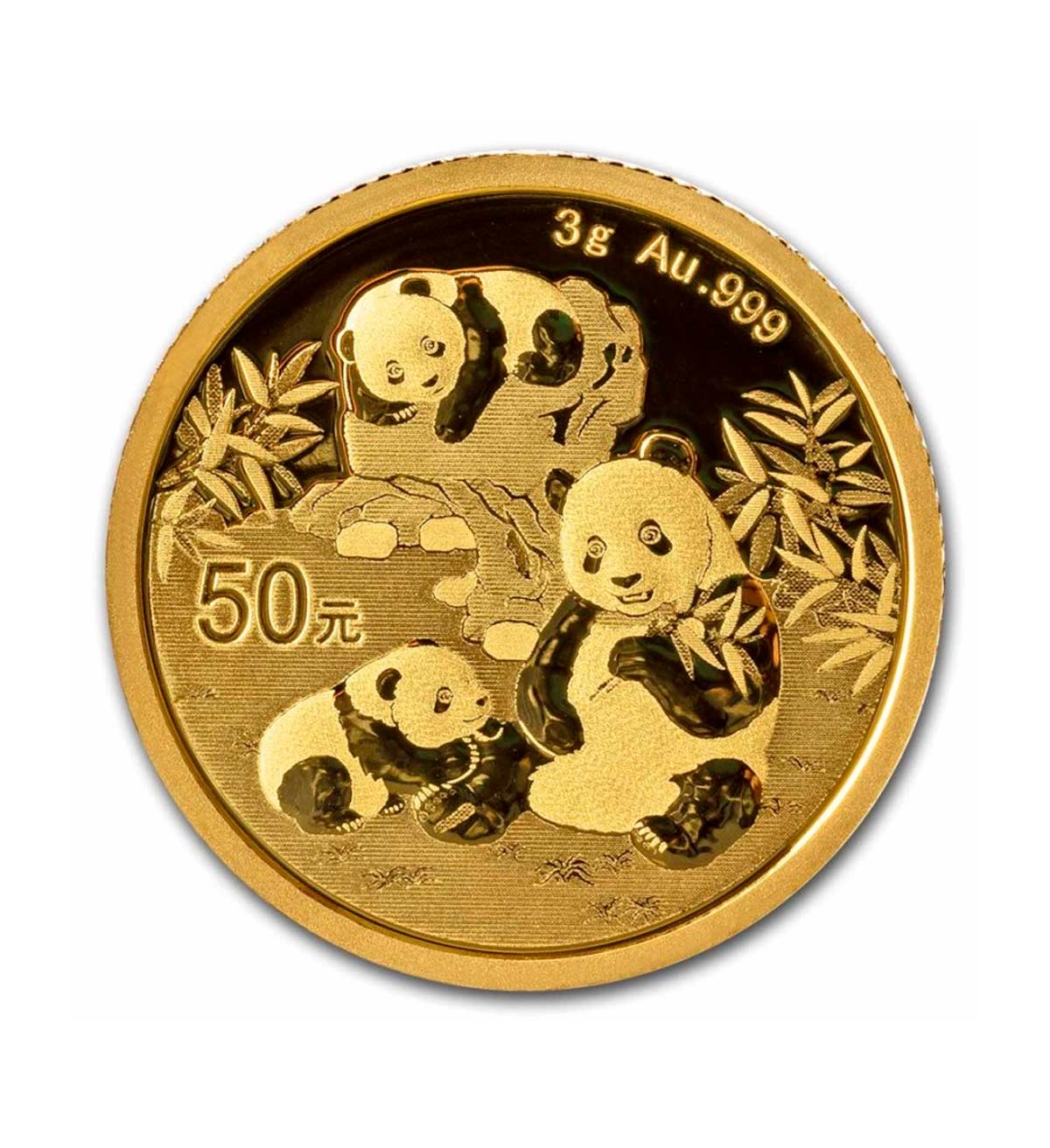 Perspectiva frontal de la cruz de la moneda de oro Panda China de 3gr de 2025, que muestra a una familia de pandas en un entorno natural rodeado de bambús
