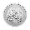 Perspectiva frontal de la cara de la moneda de plata Toro y oso de 2oz de 2025, que muestra a ambos animales con una bolsa de acciones de fondo