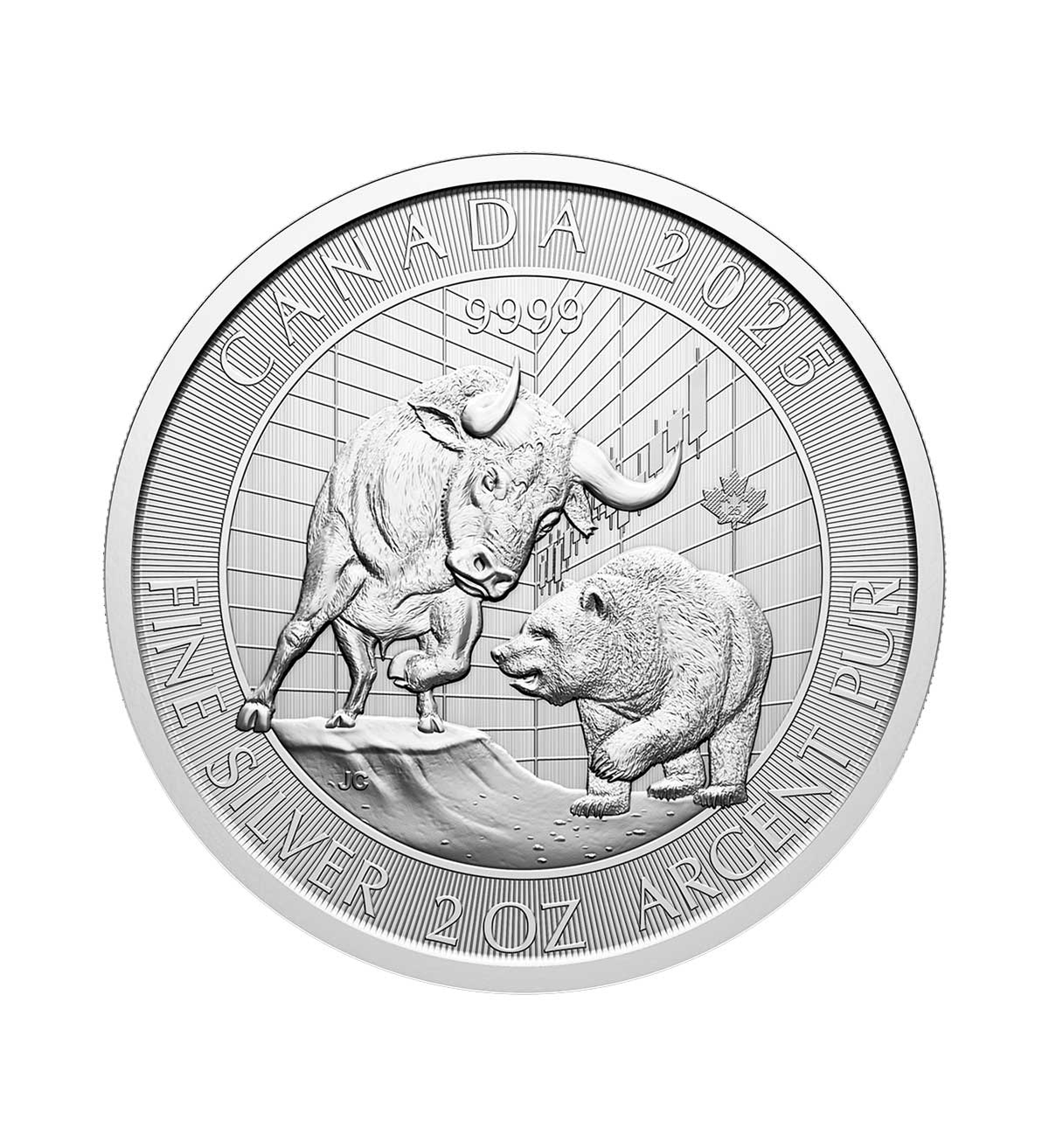 Perspectiva frontal de la cara de la moneda de plata Toro y oso de 2oz de 2025, que muestra a ambos animales con una bolsa de acciones de fondo