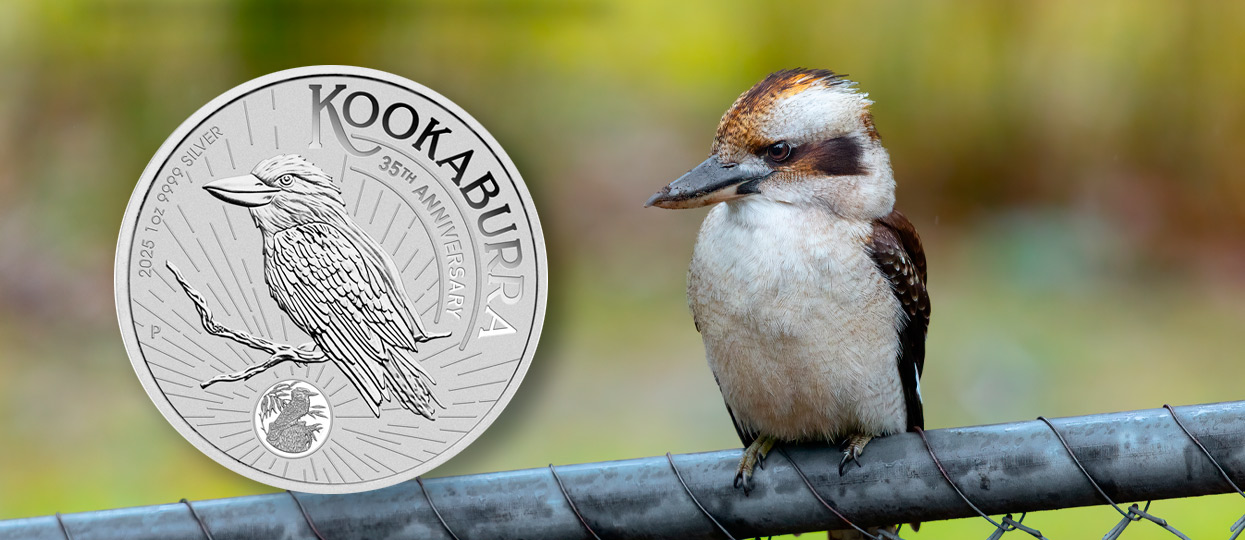 Una imagen de una Kookaburra al lado de la moneda de plata Kookaburra de 1oz de 2025 que conmemora su 35 aniversario