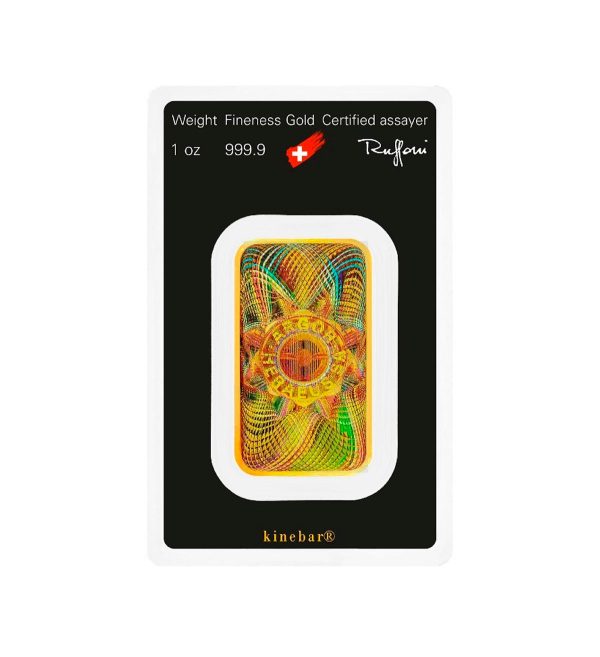 Perspectiva frontal del anverso del lingo de oro Kinebar de 1oz de Argor-Heraeus