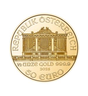 Perspectiva frontal de la moneda de oro Filarmónica de Viena de 1/2oz de 2025, que muestra al órgano del grupo musical
