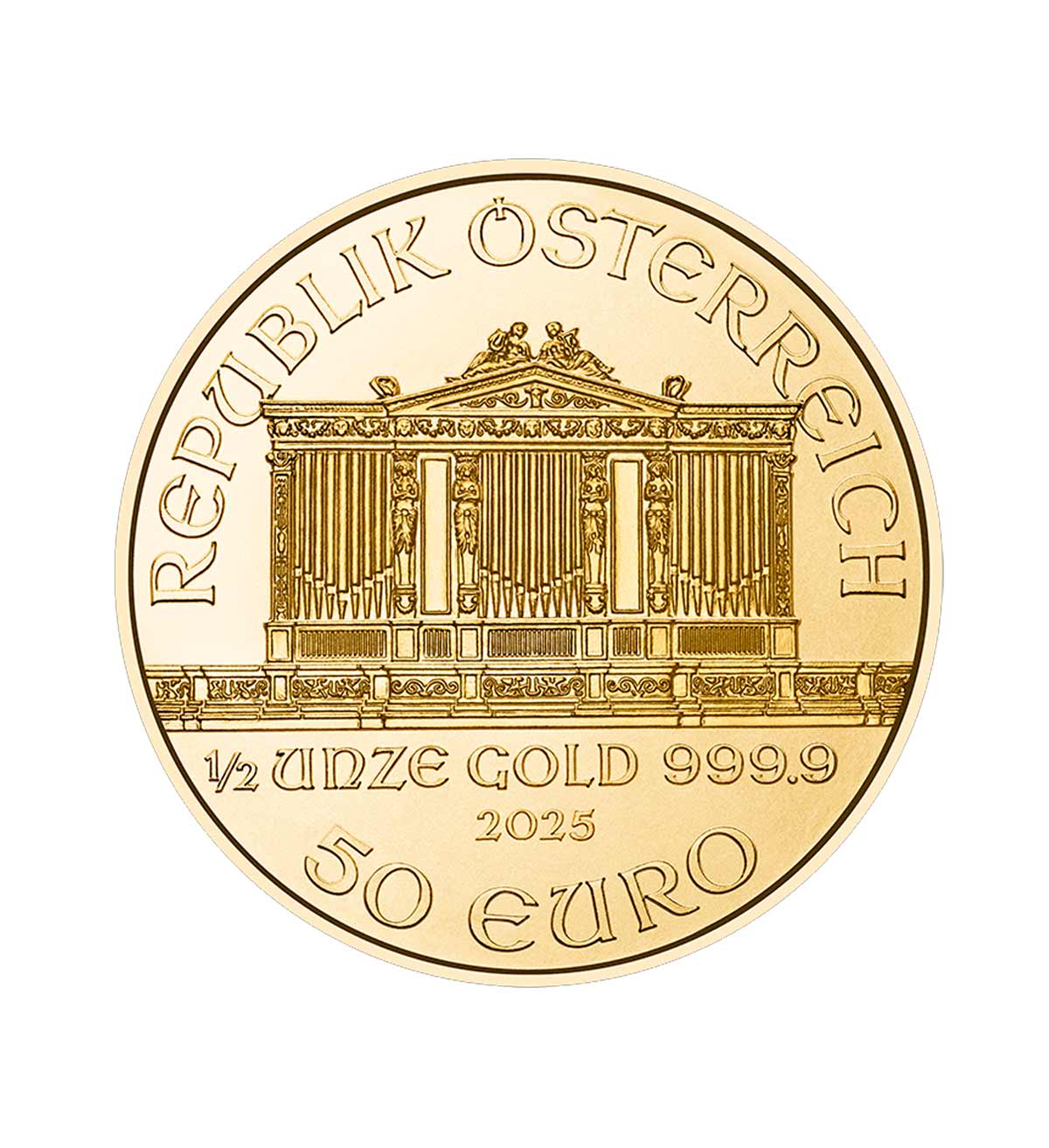 Perspectiva frontal de la moneda de oro Filarmónica de Viena de 1/2oz de 2025, que muestra al órgano del grupo musical
