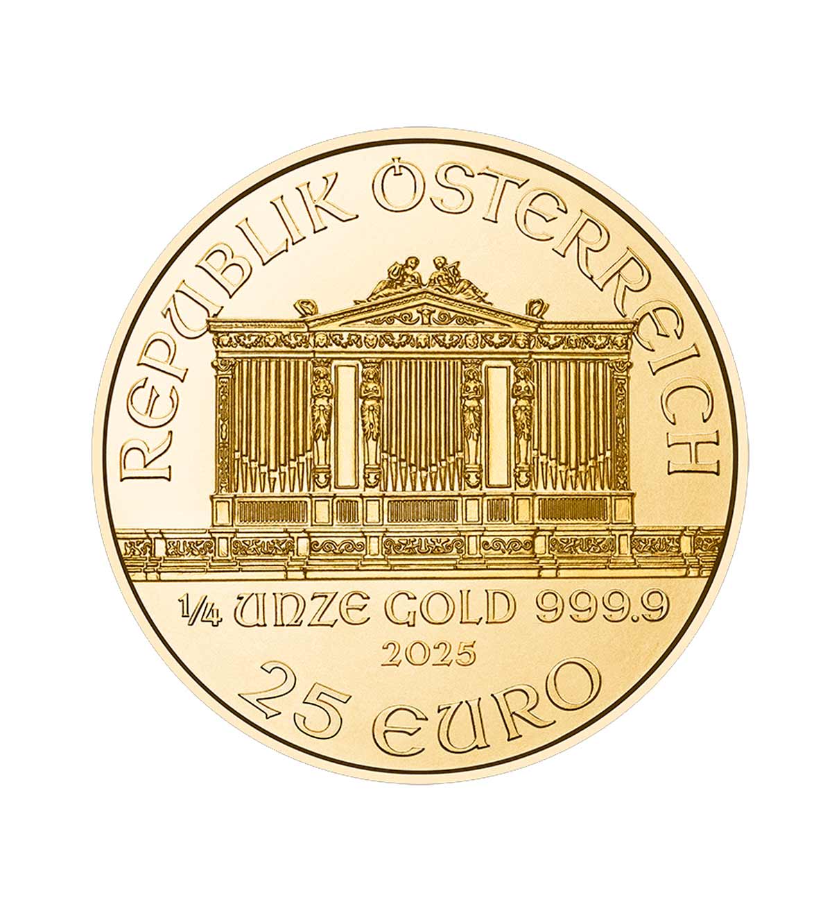 Perspectiva frontal de la moneda de oro Filarmónica de Viena de 1/4oz de 2025, que muestra al órgano del grupo musical