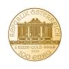 Perspectiva frontal ded la moneda de oro Filarmónica de Viena de 1oz de 2025, que muestra el órgano del grupo musical y el valor nominal de la moneda