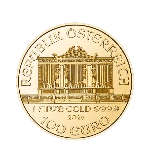 Perspectiva frontal ded la moneda de oro Filarmónica de Viena de 1oz de 2025, que muestra el órgano del grupo musical y el valor nominal de la moneda