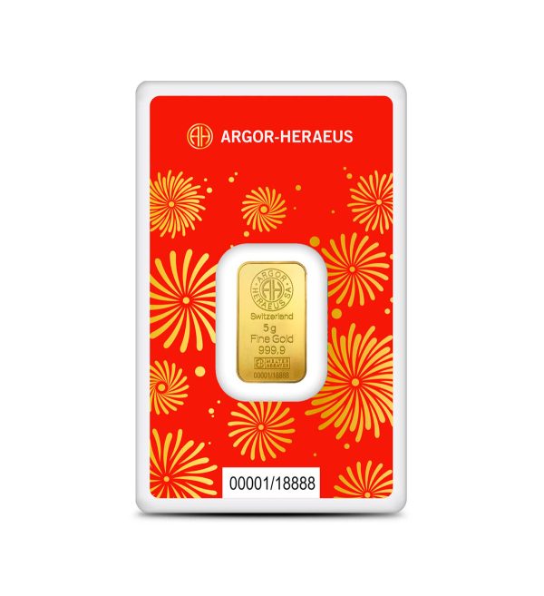 Perspectiva frontal del anverso del lingote de oro Año de la Serpiente de 5gr de 2025, que muestra el logo de la ceca que lo emite