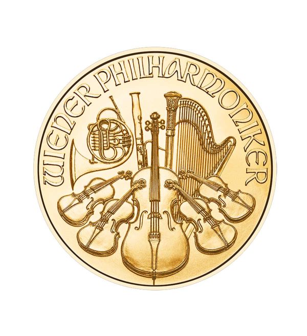 Perspectiva frontal de la cruz de la moneda de oro Filarmónica de Viena de 1/10oz de 2025, que muestra todos los instrumentos del grupo musical