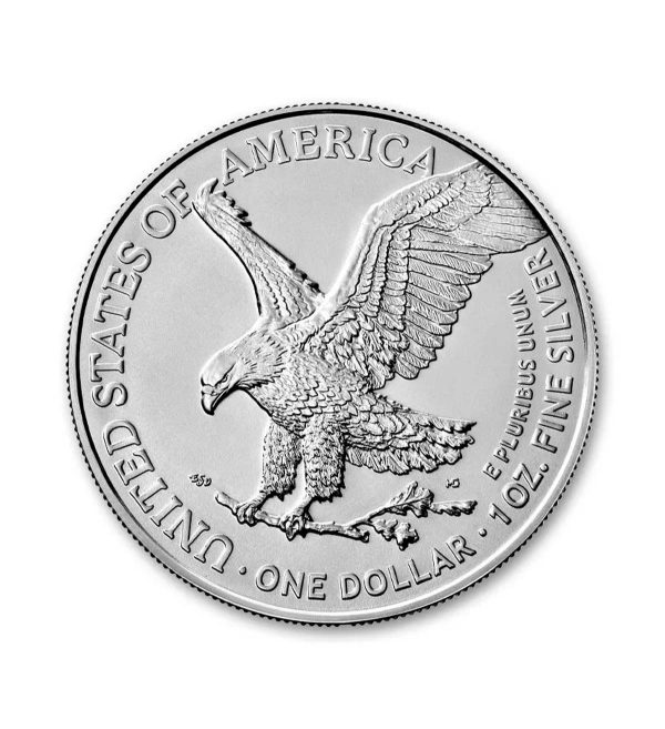 Perspectiva frontal de la cara de la moneda de plata American Eagle de 1oz de 2025, que muestra al águila llevando una rama de olivo