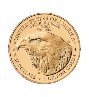 Perspectiva frontal de la cara de la moneda de oro American Eagle de 1oz de 2025, que muestra el rostro del ave