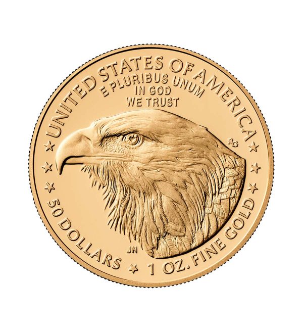 Perspectiva frontal de la cara de la moneda de oro American Eagle de 1oz de 2025, que muestra el rostro del ave