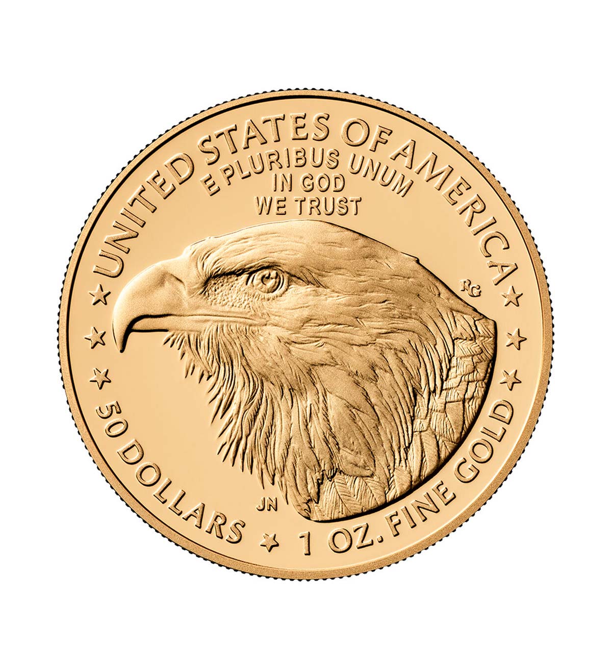 Perspectiva frontal de la cara de la moneda de oro American Eagle de 1oz de 2025, que muestra el rostro del ave