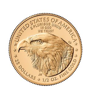 Perspectiva frontal de la cara de la moneda de oro American Eagle de 1/2oz de 2025, que muestra al ave de perfil