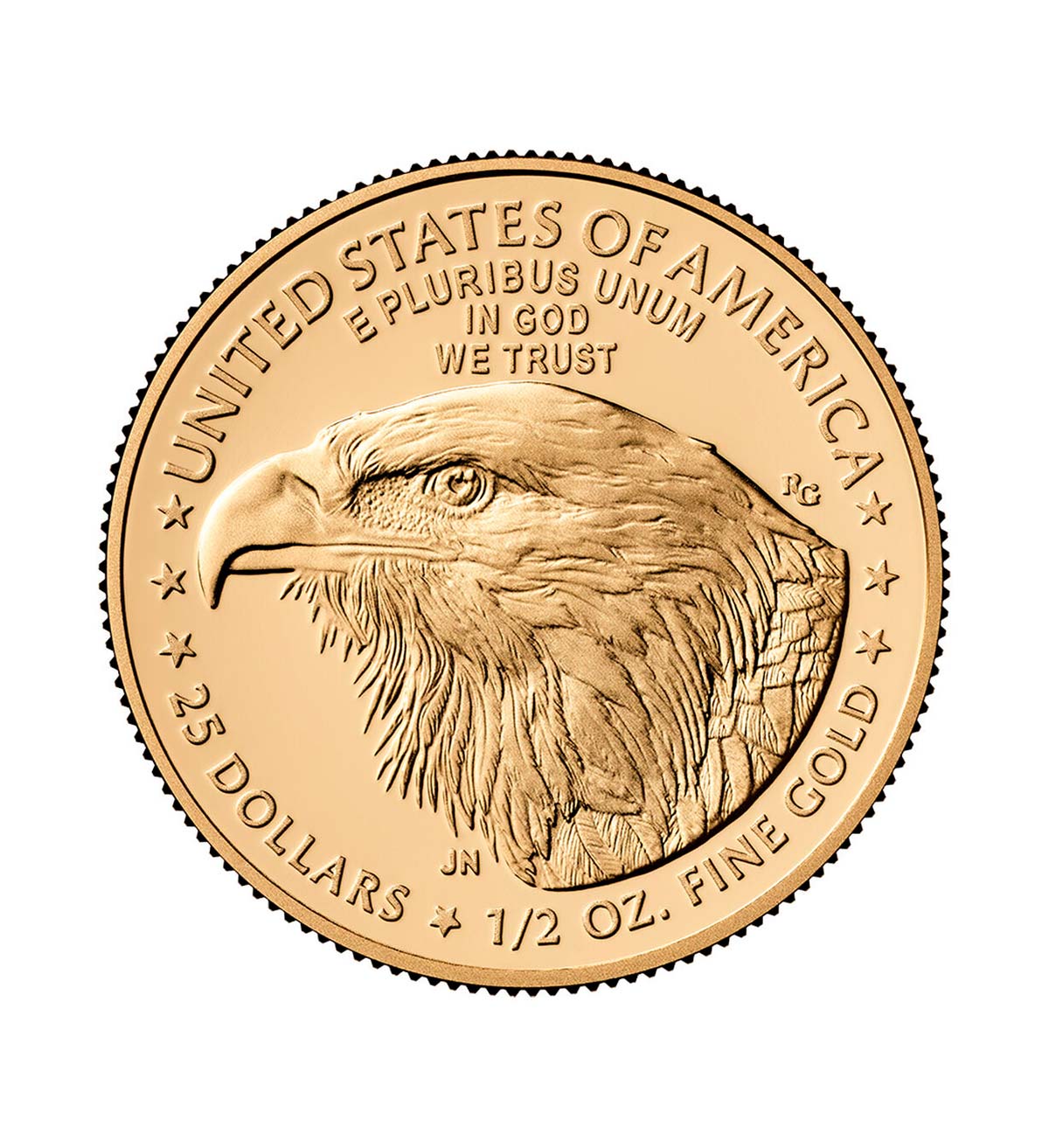 Perspectiva frontal de la cara de la moneda de oro American Eagle de 1/2oz de 2025, que muestra al ave de perfil
