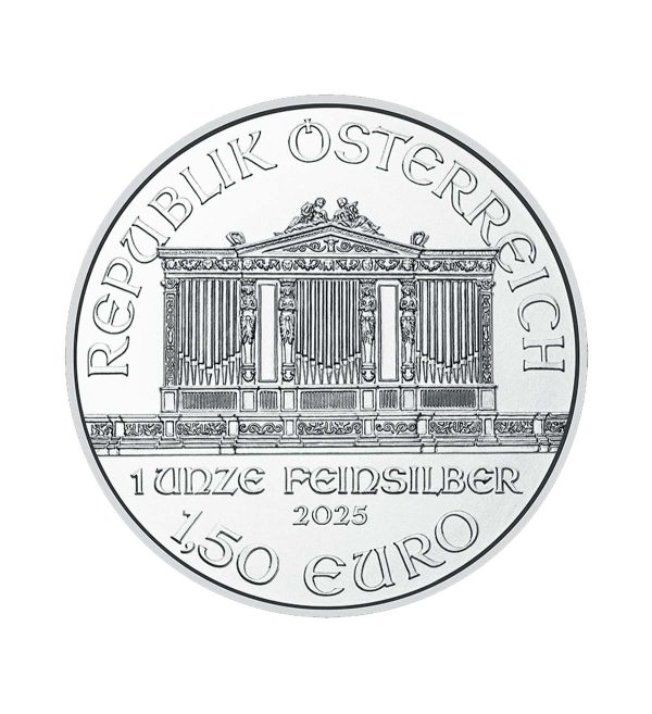 Perspectiva frontal de la cara de la moneda de plata Filarmónica de Viena de 1oz de 2025, que muestra al órgano de la orquesta