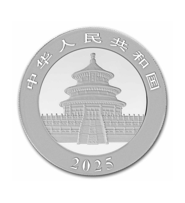 Perspectiva frontal de la cara de la moneda de plata Panda Chino de 30gr de 2025, que muestra al templo budista más importante del país asiático