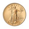 Perspectiva frontal de la cruz de la moneda de oro American Eagle de 1/4oz de 2025, con el diseño de Lady Liberty sosteniendo en una mano una antorcha de fuego y con la otra una rama de olivo
