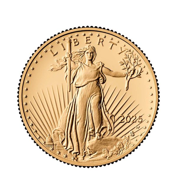 Perspectiva frontal de la cruz de la moneda de oro American Eagle de 1/4oz de 2025, con el diseño de Lady Liberty sosteniendo en una mano una antorcha de fuego y con la otra una rama de olivo