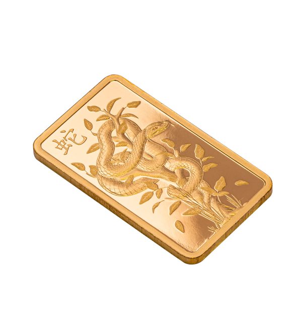 Perspectiva frontal del lingote de oro Leyenda de la serpiente blanca de 5gr de PAMP, con el diseño del animal girando sobre si mismo