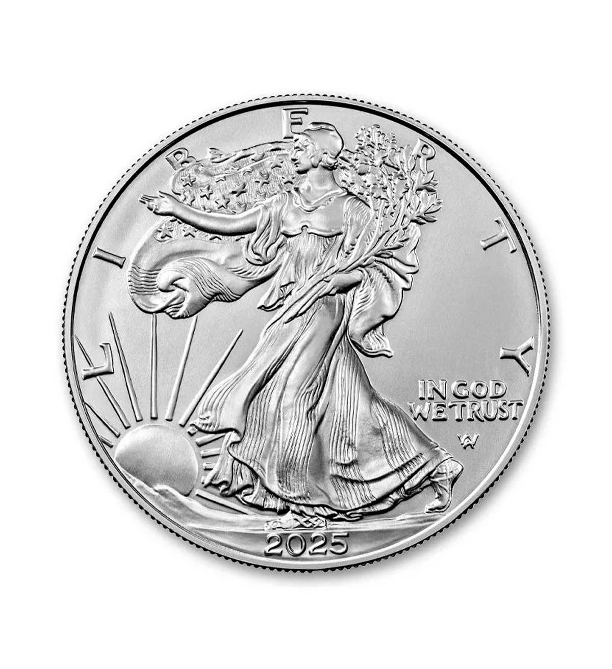 Perspectiva frontal de la cruz de la moneda de plata American Eagle de 1oz de 2025, que muestra a la diosa libertad contemplando el amanecer