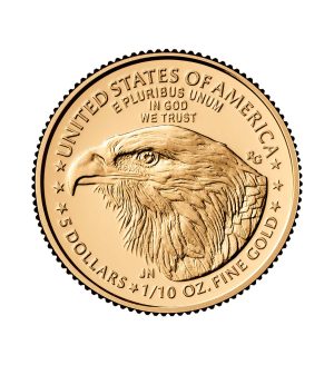 Perspectiva frontal de la cara de la moneda de oro American Eagle de 1/10oz de 2025, con el rostro del ave como principal protagonista