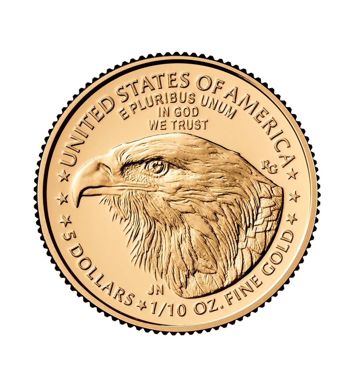 Perspectiva frontal de la cara de la moneda de oro American Eagle de 1/10oz de 2025, con el rostro del ave como principal protagonista