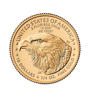 Perspectiva frontal de la cara de la moneda de oro American Eagle de 1/4oz de 2025, con el rostro del ave como principal protagonista