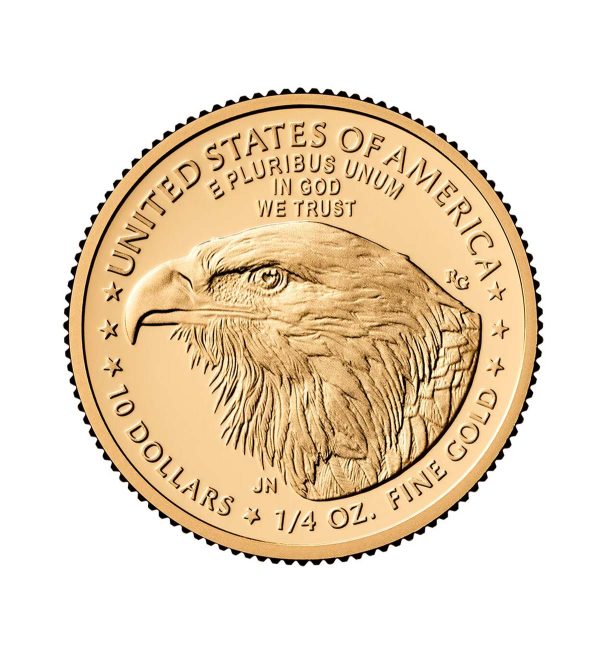 Perspectiva frontal de la cara de la moneda de oro American Eagle de 1/4oz de 2025, con el rostro del ave como principal protagonista