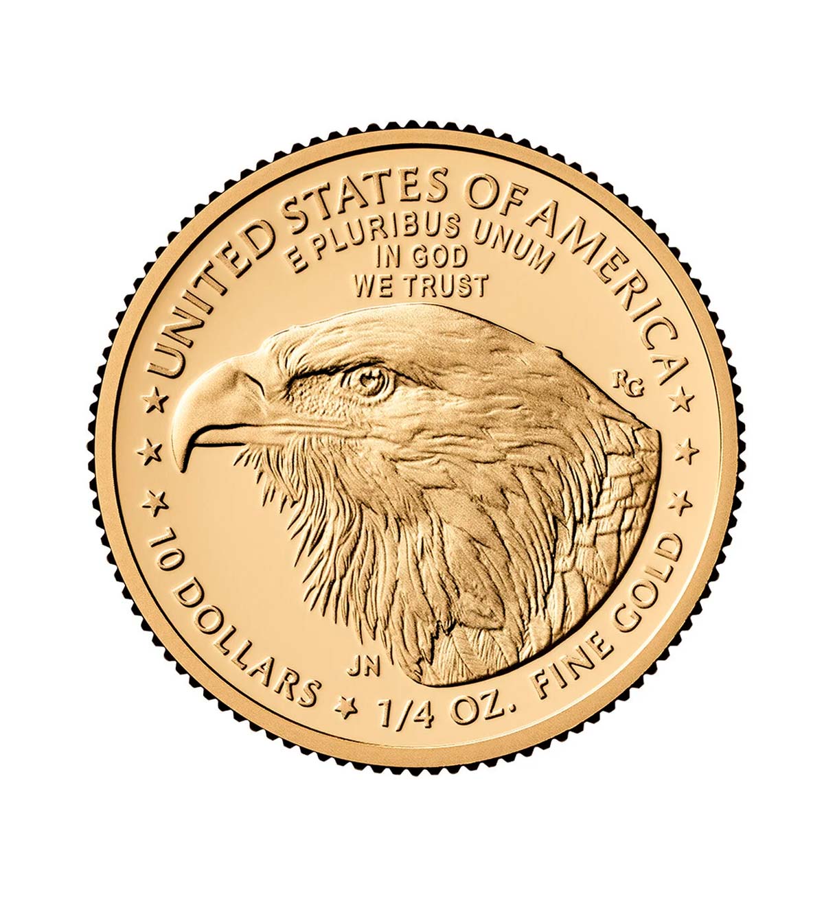Perspectiva frontal de la cara de la moneda de oro American Eagle de 1/4oz de 2025, con el rostro del ave como principal protagonista