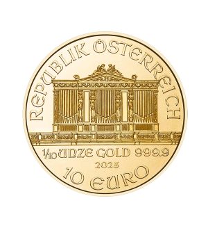 Perspectiva frontal de la moneda de oro Filarmónica de Viena de 1/10oz de 2025, que muestra al órgano del grupo musical