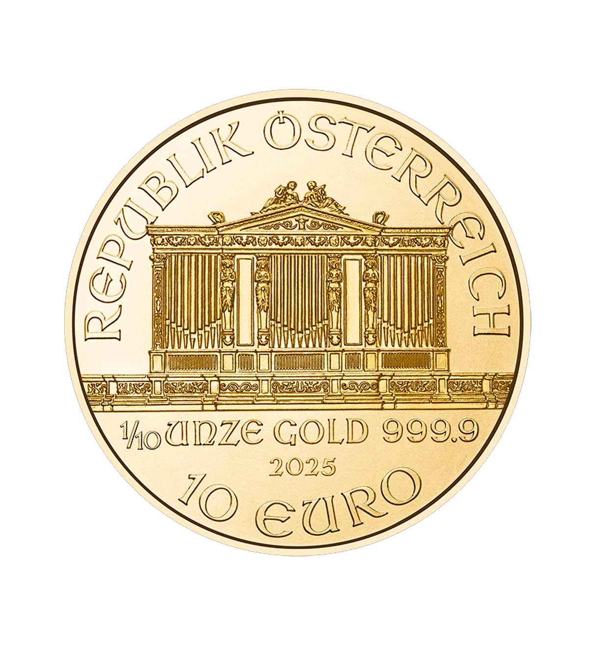 Perspectiva frontal de la moneda de oro Filarmónica de Viena de 1/10oz de 2025, que muestra al órgano del grupo musical
