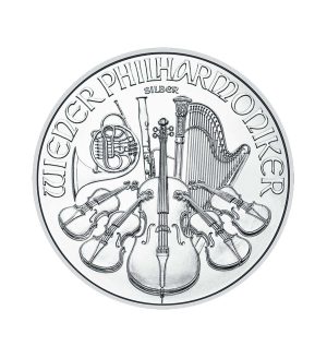 Perspectiva frontal de la moneda de plata Filarmónica de Viena de 1oz de 2025, que muestra a todos los instrumentos de la orquesta