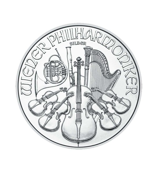 Perspectiva frontal de la moneda de plata Filarmónica de Viena de 1oz de 2025, que muestra a todos los instrumentos de la orquesta
