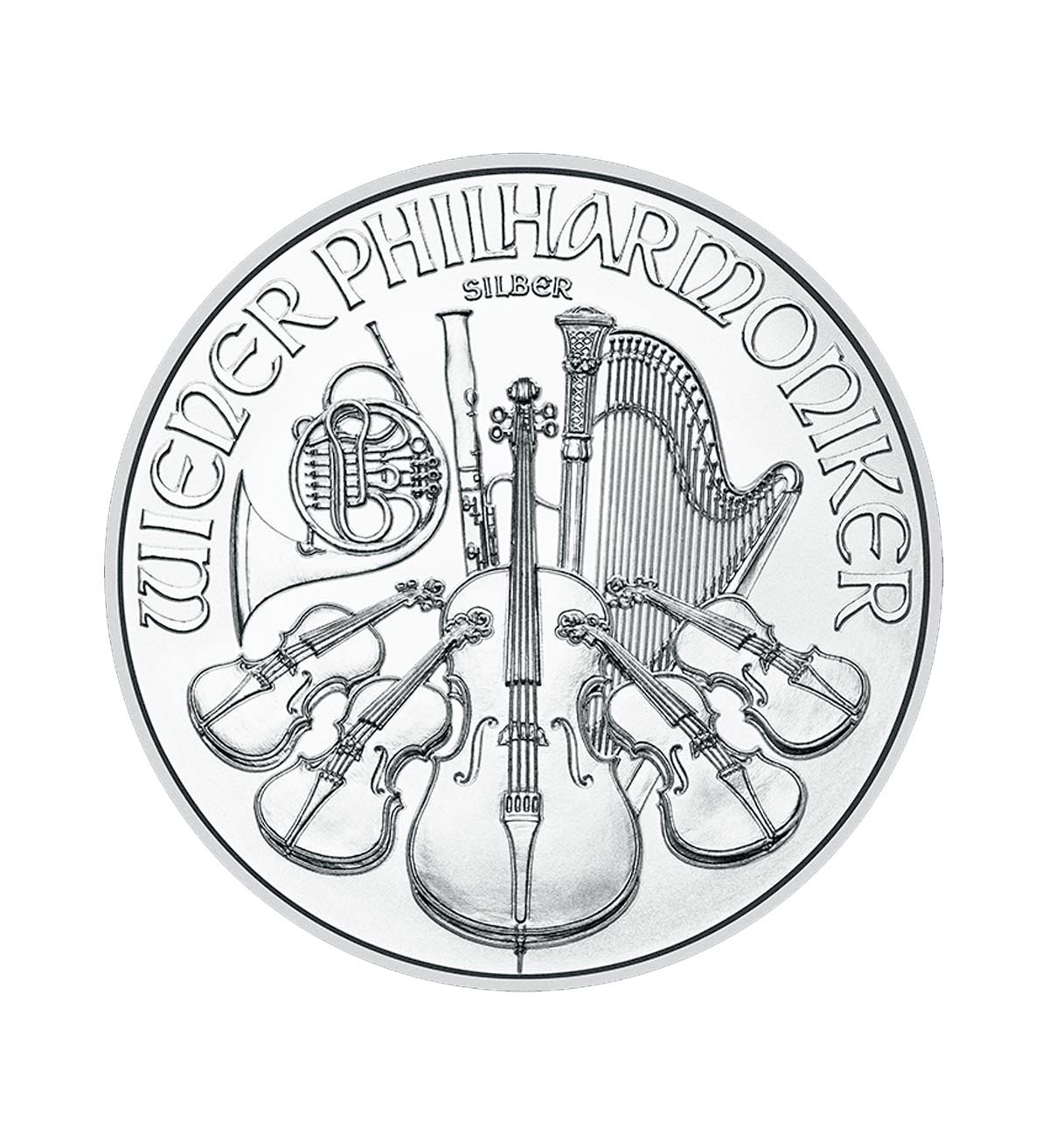 Perspectiva frontal de la moneda de plata Filarmónica de Viena de 1oz de 2025, que muestra a todos los instrumentos de la orquesta