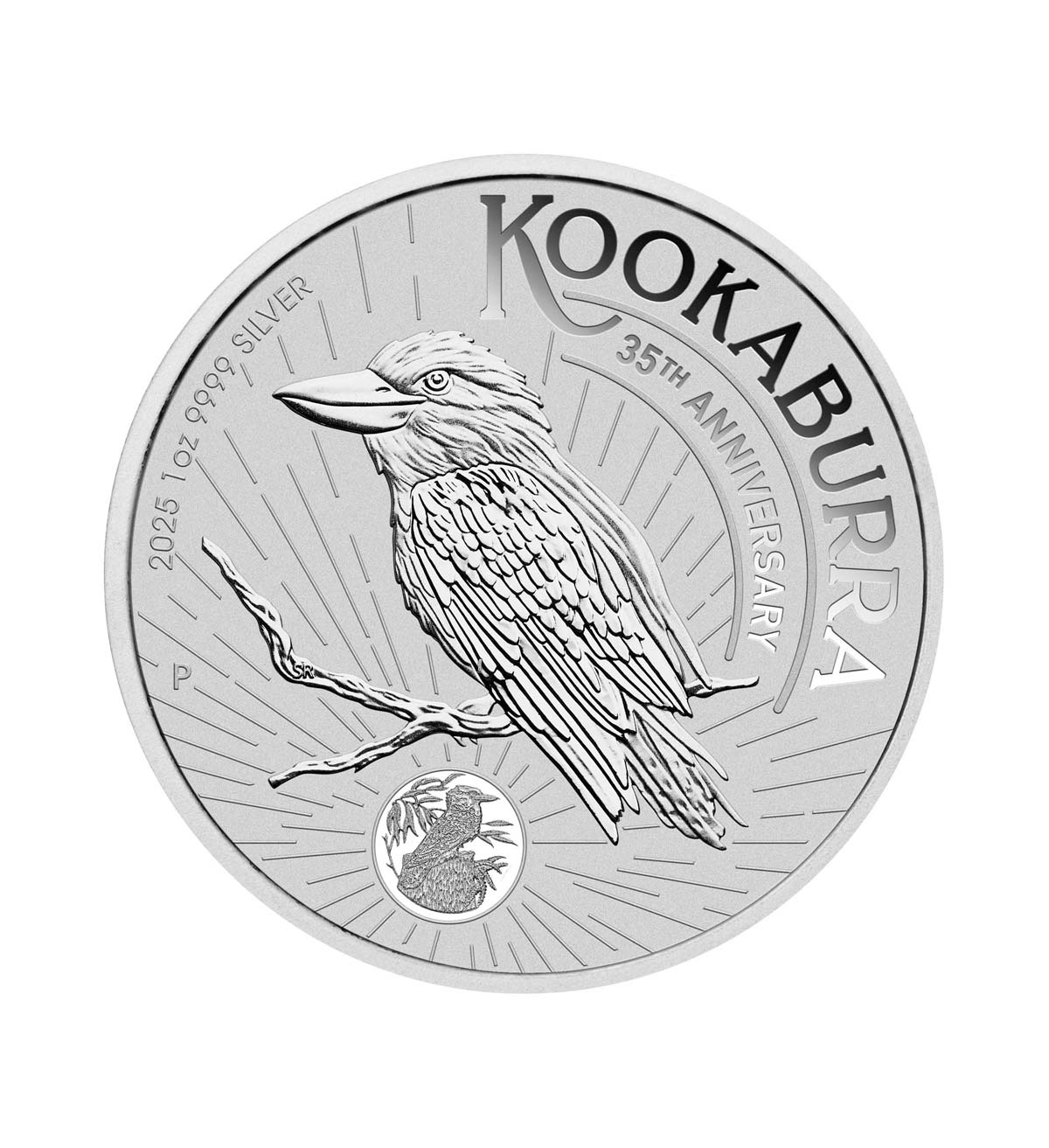 Perspectiva frontal de la cruz de la moneda de plata Kookaburra de 1oz de 2025, con un diseño que celebra su 35 aniversario